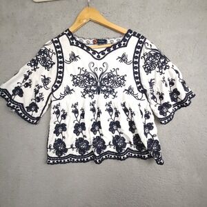 Indigo Poppy Shirt Womens  small embroidered Baby Doll Boho Chic